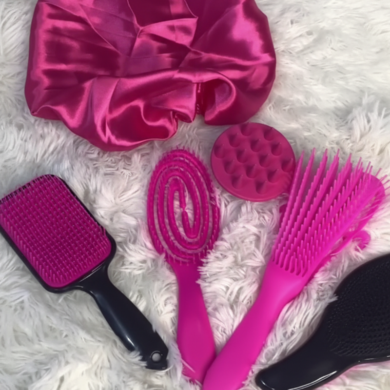 kit escovas de cabelo, escova raquete, escova polvo, escova mágica, escova massageadora, touca de cetim, kit capilar completo, cuidados com o cabelo, escova para cachos, escova desembaraçante