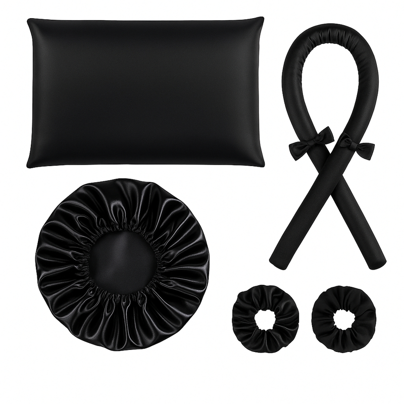 kit cetim anti frizz touca cetim + modelador sem calor curling rod + fronha