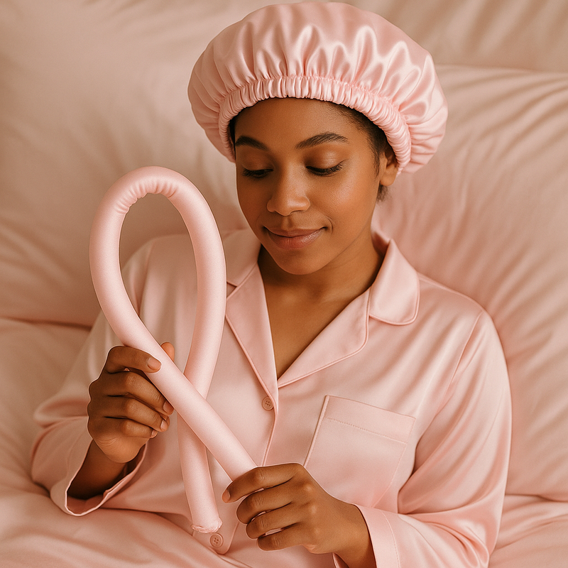 kit cetim anti frizz touca cetim + modelador sem calor curling rod + fronha