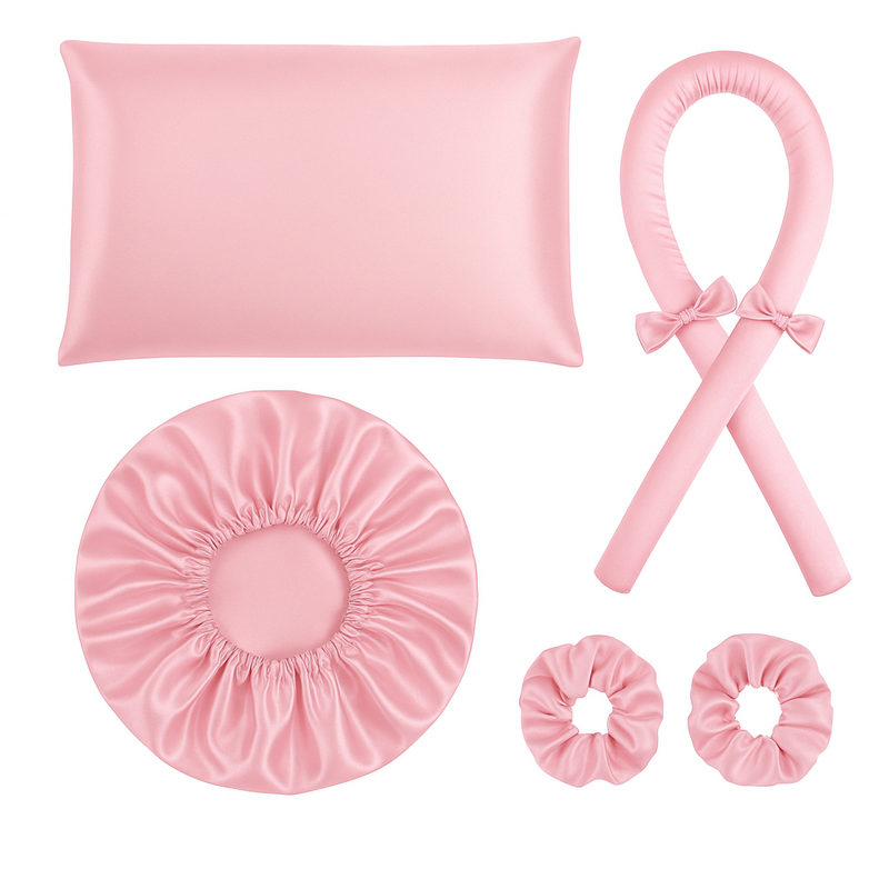 kit cetim anti frizz touca cetim + modelador sem calor curling rod + fronha